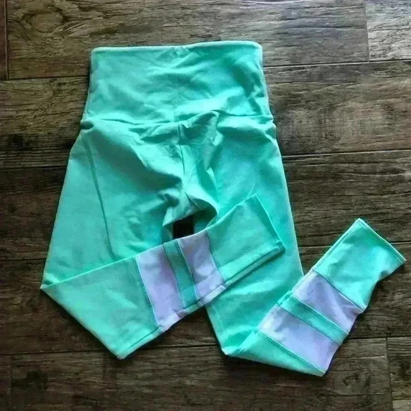 ONZIE FLOW XS LIGHT TEAL GREEN MESH STRIPE HIGH WAIST PULLON LEGGINS XS - Picture 2 of 4